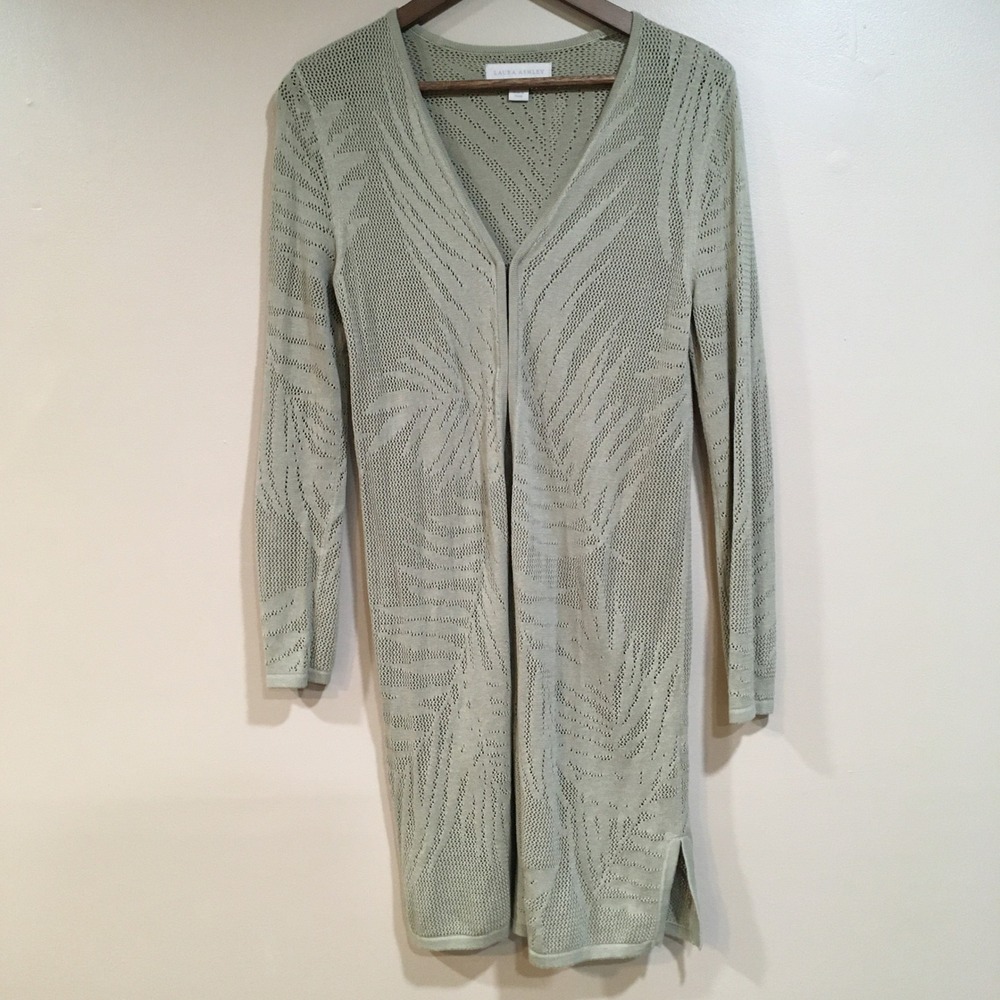 Laura Ashley Crochet Knit Long‎ Cardigan Duster Womens S Tan Sage Cottage Earthy